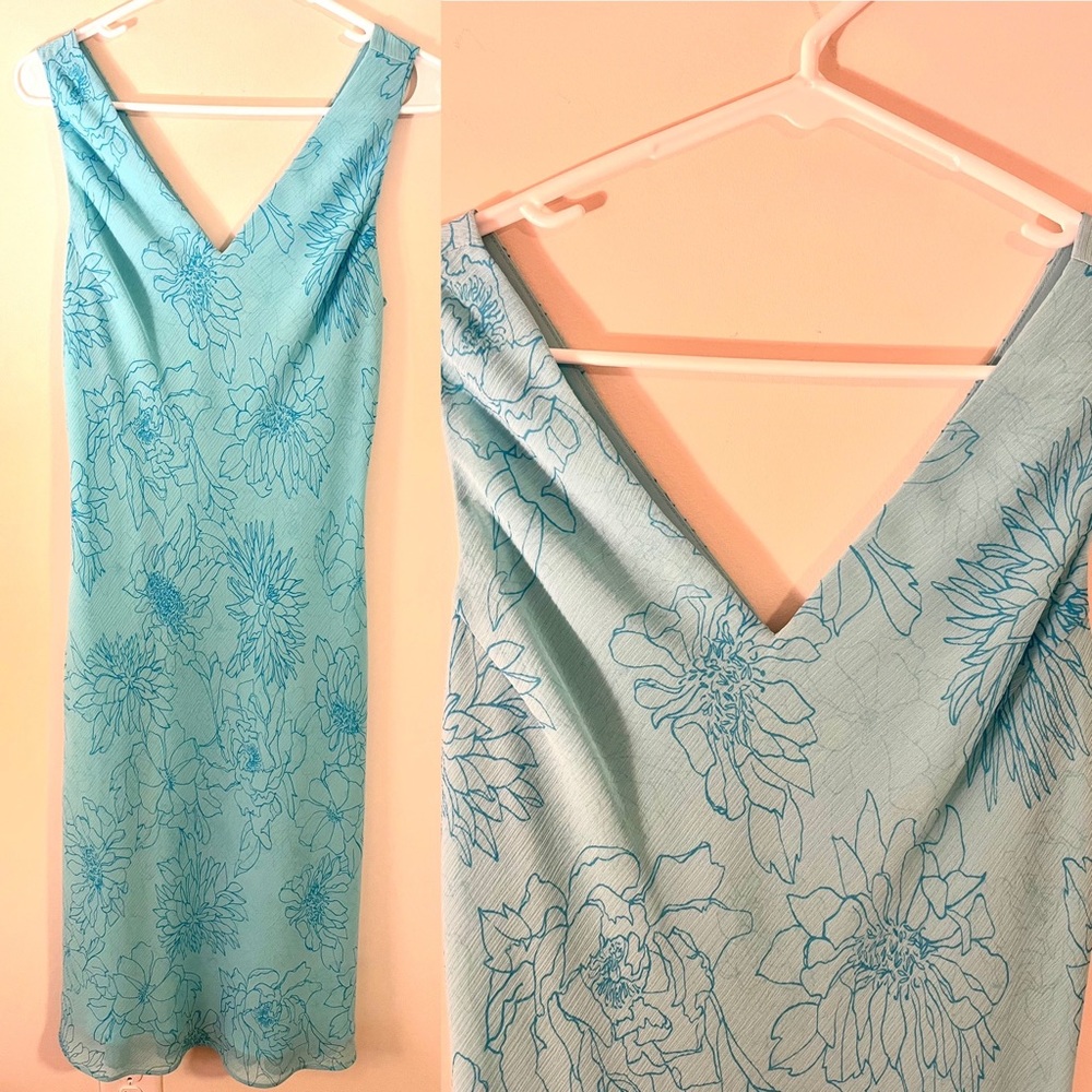 Vintage 90s Casual Corner Annex Midi Sleeveless Blue Floral Dress - size…